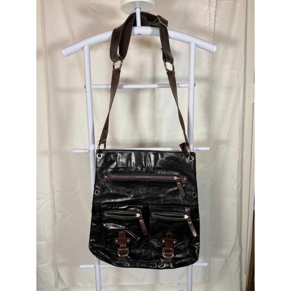 Vintage Y2K Tano Black Leather Crossbody Messenger Bag Brown Trim Moto